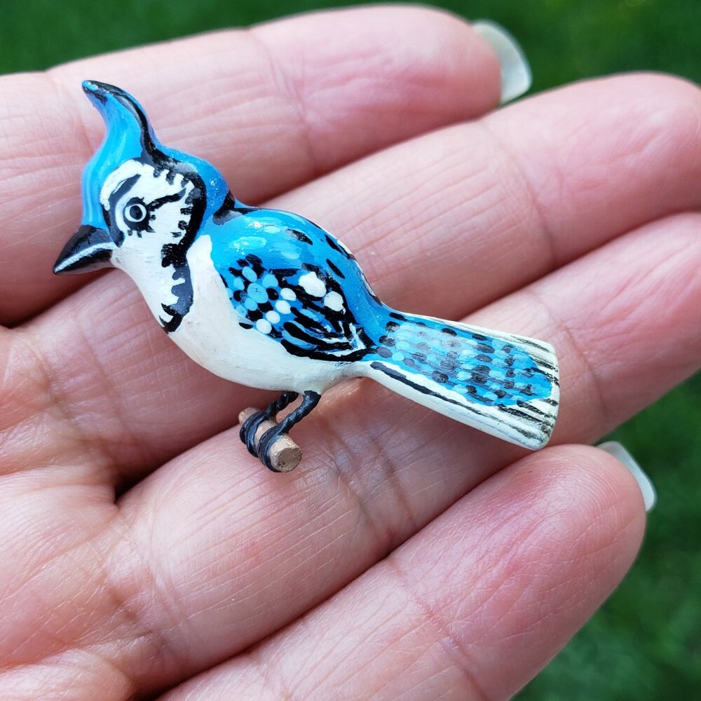 Takahashi Style - Blue Jay Brooch - Vintage - Hand Carved/Painted